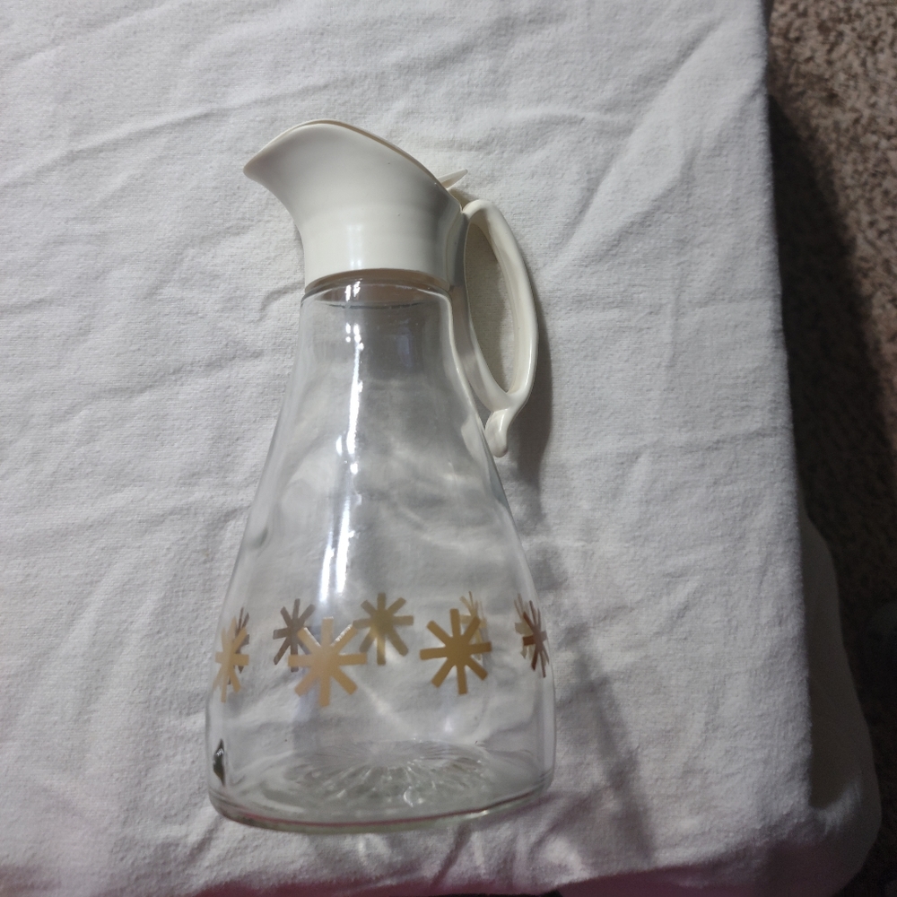 Glass Pitcher with Cream Lid and Gold Accents